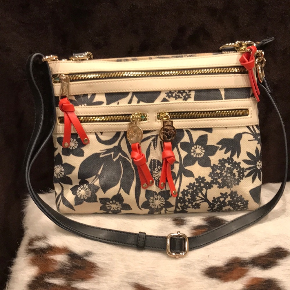 Women’s Spartina 449, black floral, shoulder bag with bright blue canvas lining.